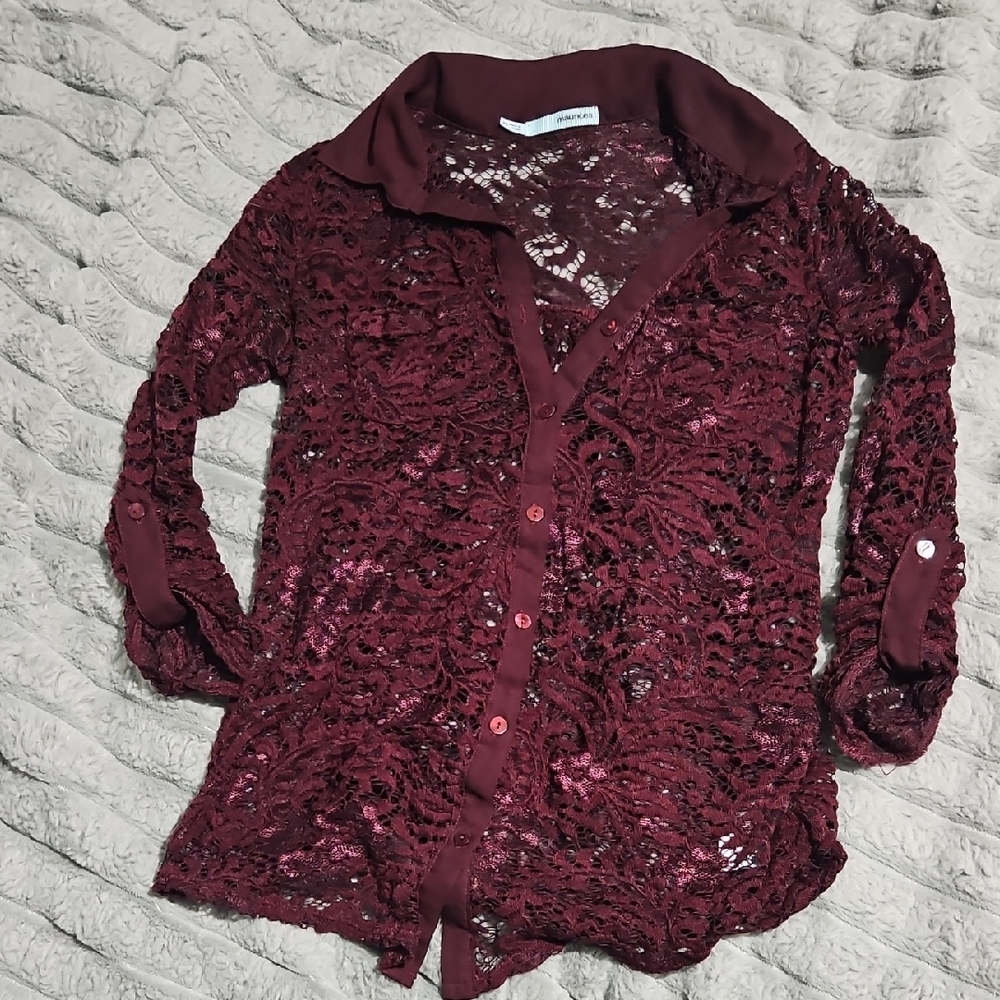 Burgundy Lace Button-Up Blouse